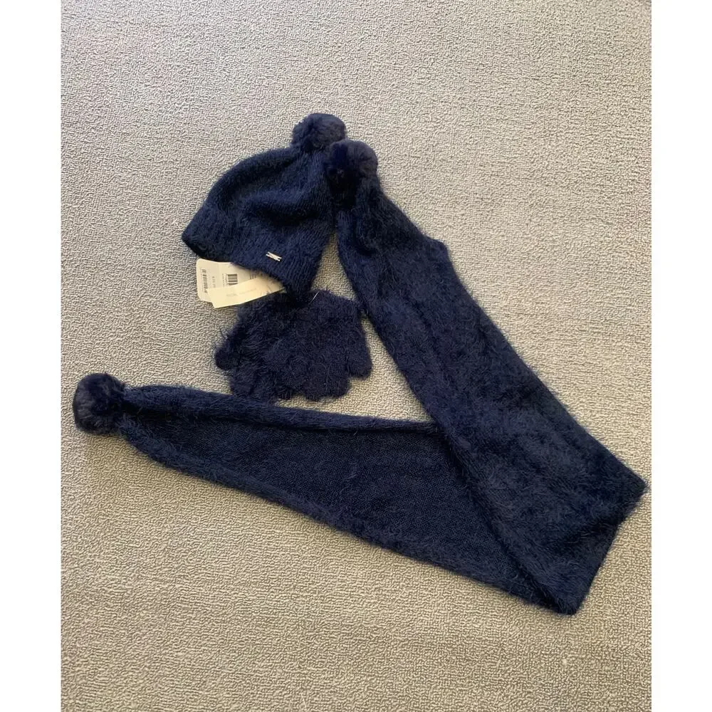 Mayoral Kids 2-4 Blue Fuzzy Pompom‎ 3 in 1 Set Hat Scarf Mitten NWT